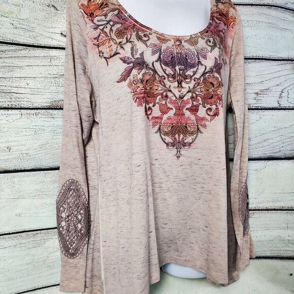 Live and Let Live Women’s XL Beige Boho Embroidered Long Sleeve Top Lace Patch E - Picture 2 of 8